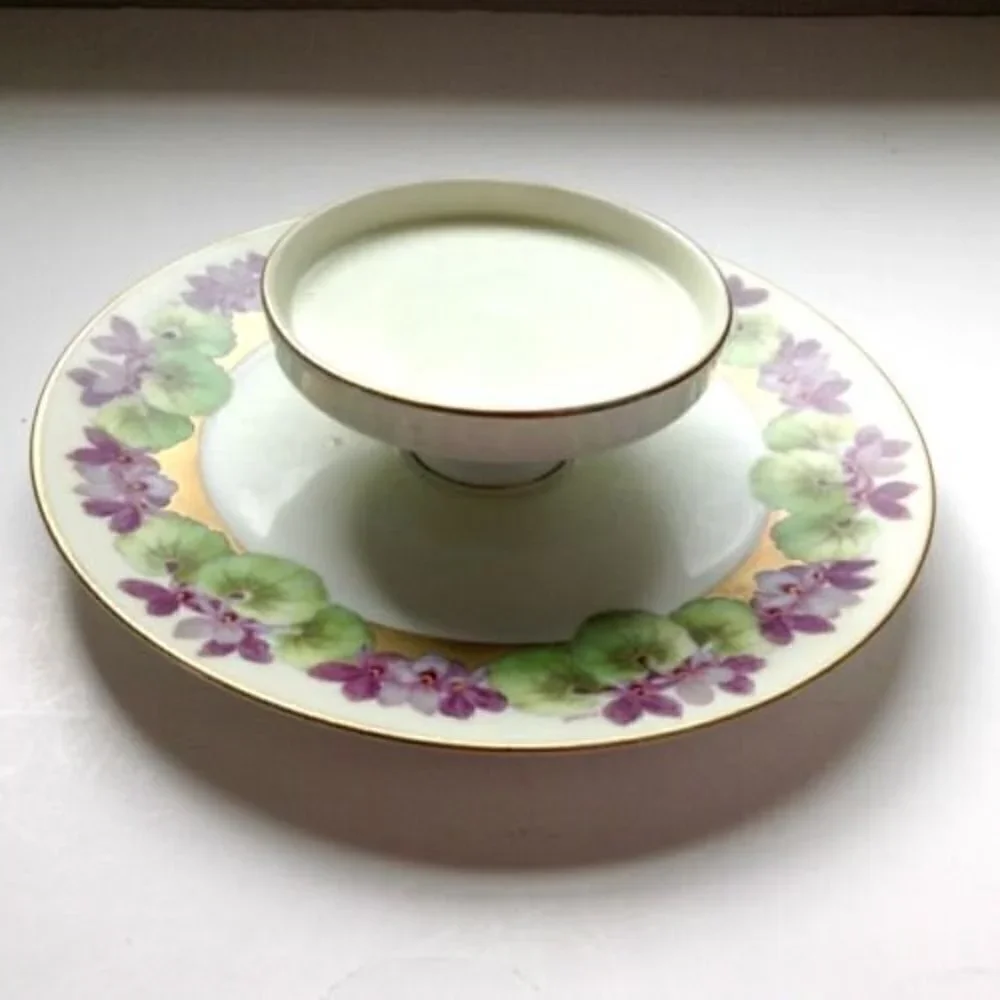 Bavaria Two Tiered Serving Plate Hand Painted Artist Signed Violets Gold Trim